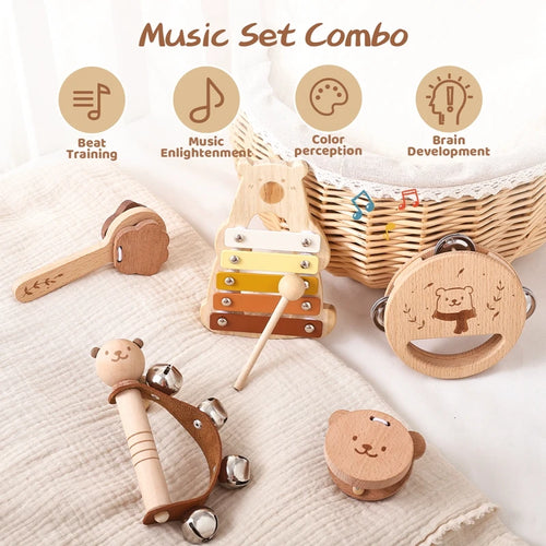 5-teiliges Montessori Musikspielzeug-Set aus Holz – Baby-Musikinstrumente mit Bären-Xylophon für Kinder von 0–6 Jahren