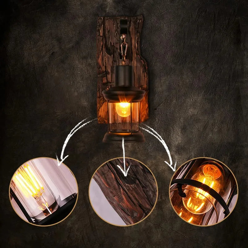 Antike Industrie-Wandleuchte aus Holz & Eisen – Rustikale Wandlampe