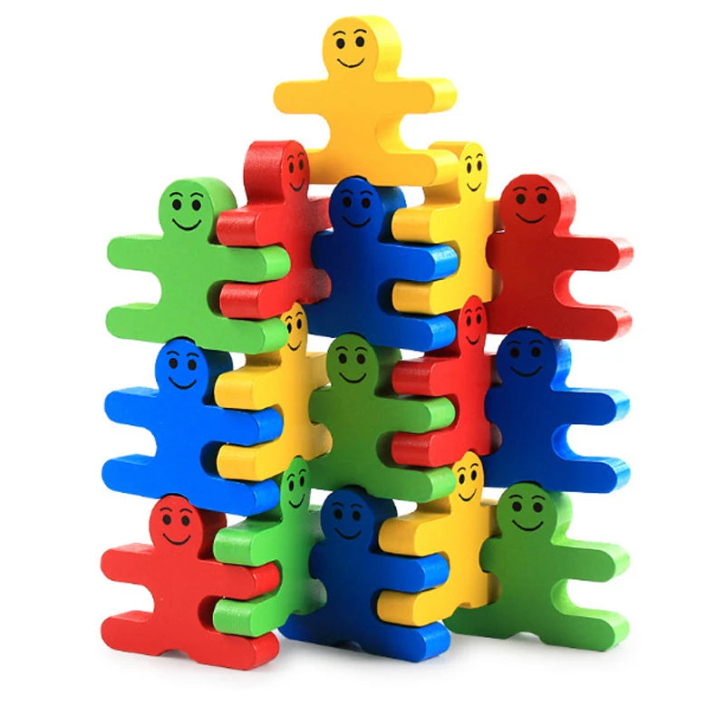 Holz-Balancierspiel mit Figuren-Bausteinen – Montessori Stapelspiel für Feinmotorik & Sortiervermögen