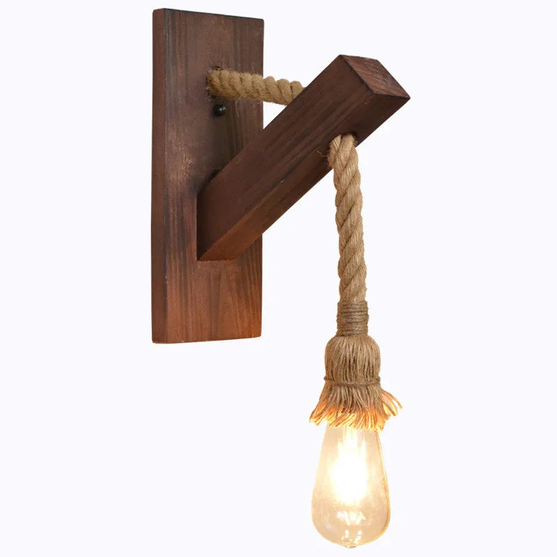 Retro Wandlampe aus Holz & Hanfseil – E27 Edison-Fassung