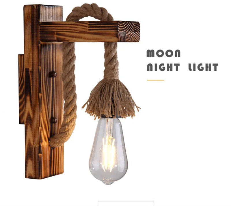 Retro Wandlampe aus Holz & Hanfseil – E27 Edison-Fassung