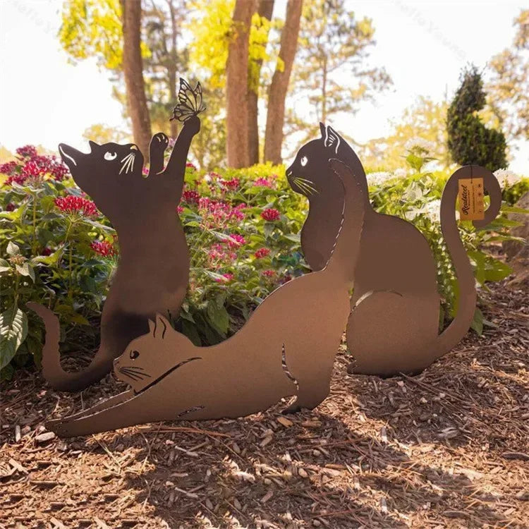 Tiki-inspirierte Katzen-Familie Gartenstecker – Dekorative Katzen-Silhouetten