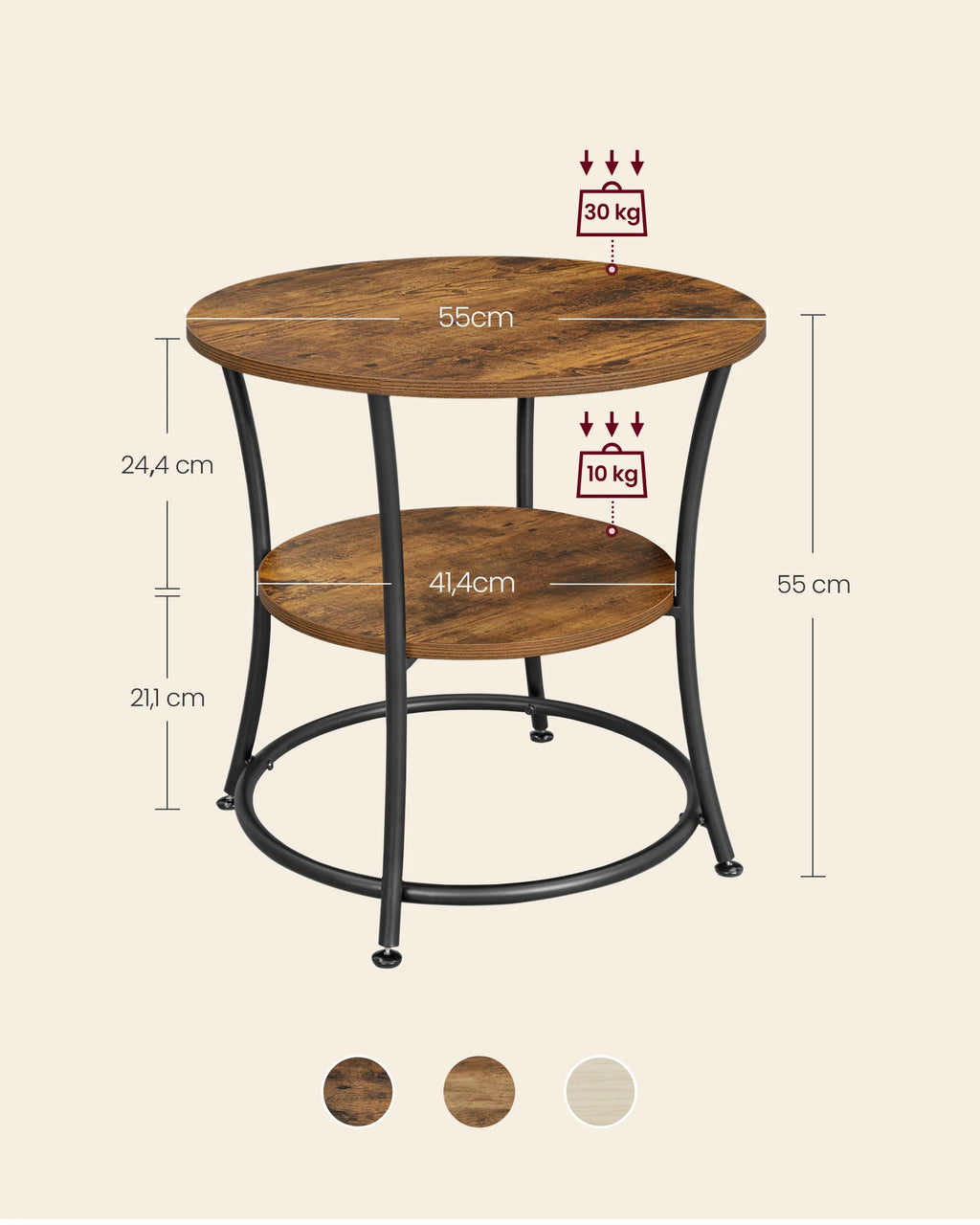 Beistelltisch rund – Couchtisch mit 2 Ablagen, Stahlgestell (54x54x55,5 cm)