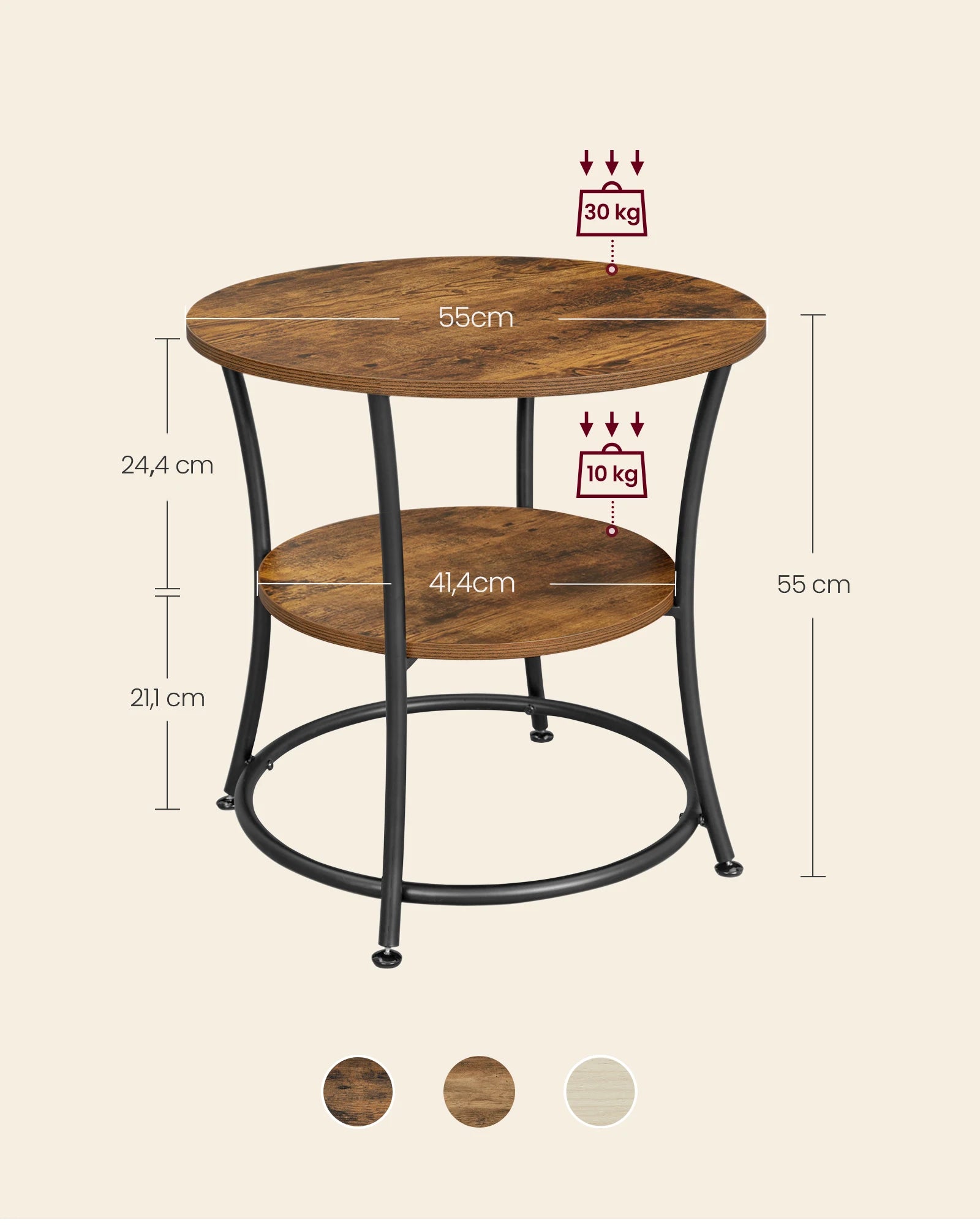 Beistelltisch rund – Couchtisch mit 2 Ablagen, Stahlgestell (54x54x55,5 cm)