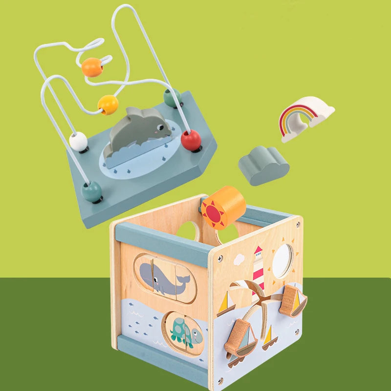 5-in-1 Montessori Aktivitätswürfel aus Holz – Ocean Game Box mit Perlenlabyrinth, Formensortierer & Meerestier-Puzzle ab 3 Jahren