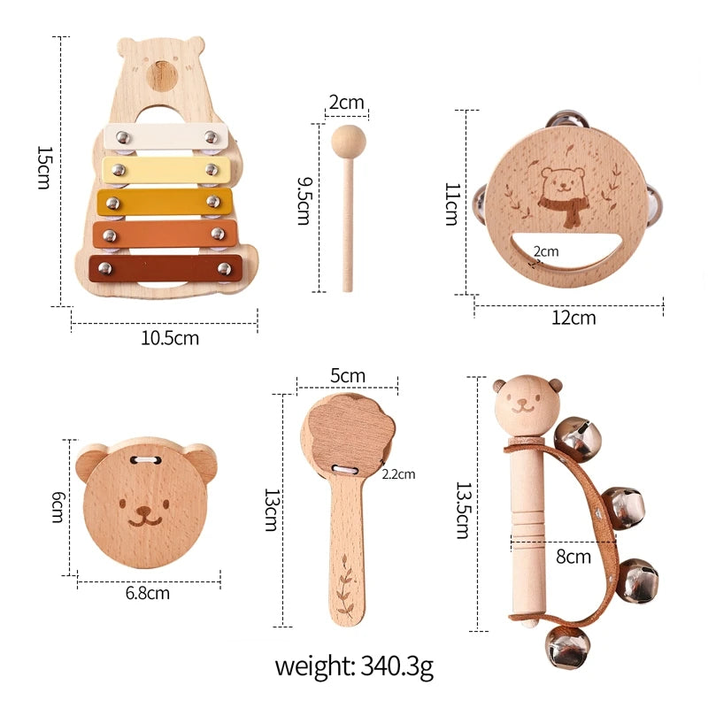 5-teiliges Montessori Musikspielzeug-Set aus Holz – Baby-Musikinstrumente mit Bären-Xylophon für Kinder von 0–6 Jahren