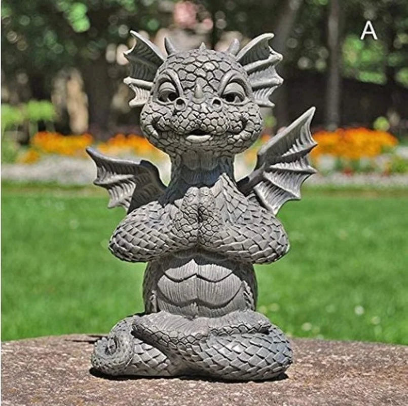 Drachen Meditations-Statue mit LED-Beleuchtung Harz-Ornament Dinosaurier-Skulptur Garten Außendekoration